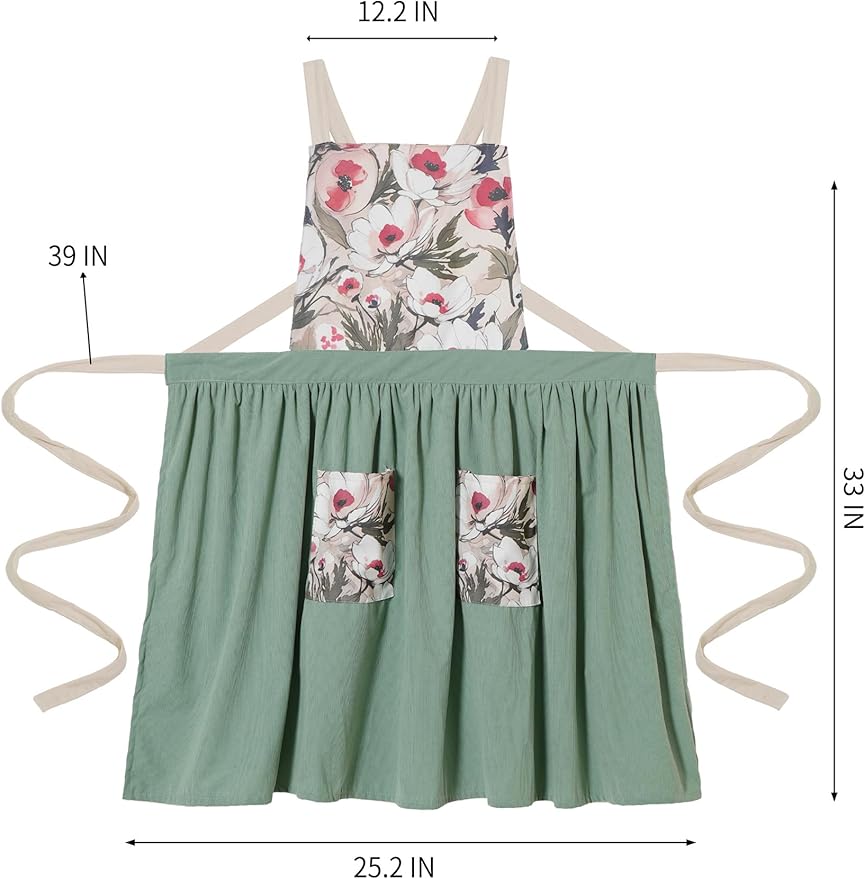 Pinknoke Vintage Pinafore Apron Dress for Women with Pockets Cute Floral Chef Aprons for Kitchen Cooking Baking Gardening