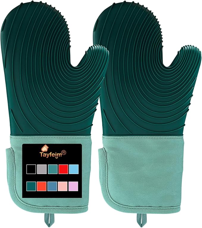 Silicone Oven Mitts-13.6 in Extended Oven Mitts Heat Resistant 500F, Oven Gloves with Soft Liner Good Grippy BPA-Free Easy to Clean Flexible-Oven Mits Set for Cooking Baking Grilling BBQ