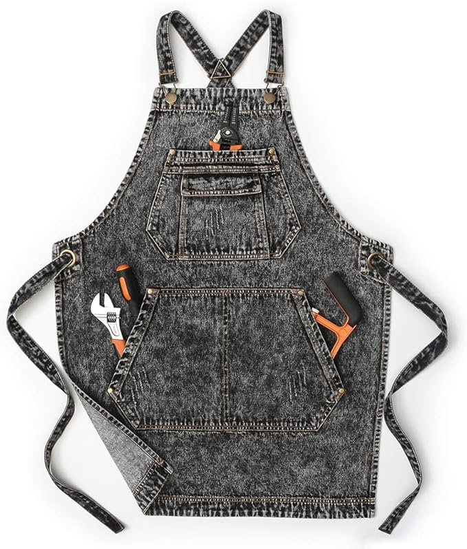 Jeanerlor - Cotton Denim Shop Black Tool Aprons with Pockets for Men - Jean Work Aprons for Men Cross Straps & Adjustable L to XXL