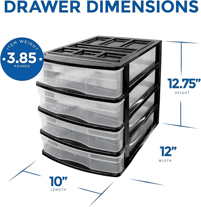 Gracious Living 4-Drawer Desktop and Countertop Storage Organizer Drawer Set, Plastic Office Desk Organizer, Black/Clear