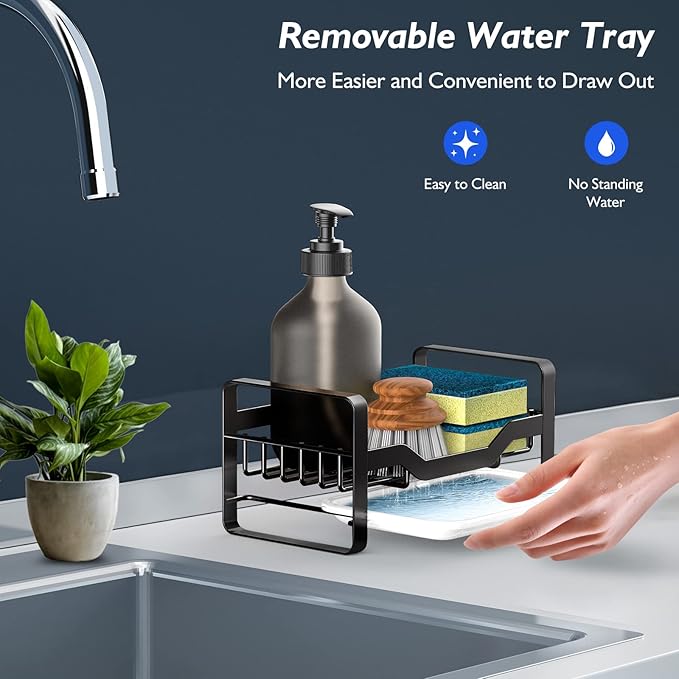 Kontoyo Sink Caddy Sponge Holder,Sponge Holder for Kitchen Sink,Kitchen Sink Organizer for Soap Brush Dispenser,Countertop Sink Caddy Organizer with Removable Drain Tray