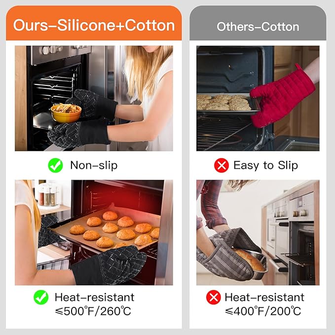 Philorn Oven Mitts and Pot Holders 6pcs, Kitchen Oven Glove High Heat Resistant 500℉ Extra Long Oven Mitts and Potholder with Non-Slip Silicone Surface for Baking, Cooking, BBQ (Black)