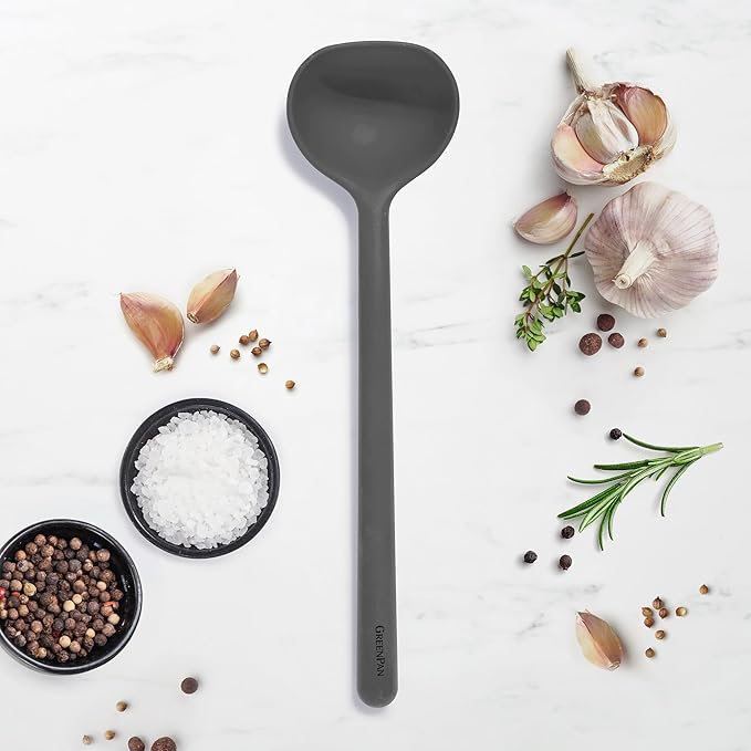 GreenPan Silicone Ladle, Soup Mixing Stirring Serving, Cooking Kitchen Utensil, Flexible Rubber Nonstick Cookware, Rigid Steel Core, Heat-Resistant, Anti-Slip Handle, BPA-Free, Dishwasher Safe, Gray