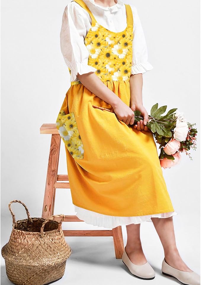 Uaussi Cotton Linen Apron Cross Back Work Apron for Women with Pockets Pinafore Dress X Cross Halter Apron for Chef Gardening