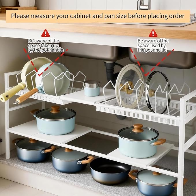 Pots and Pans Organizer Under Cabinet, Expandable Length, Adjustable Height Under Sink Shelf 2 Tier with 10 Dividers Under Cabinet Shelf, Pot and Pan Lid Holder Rack (White)