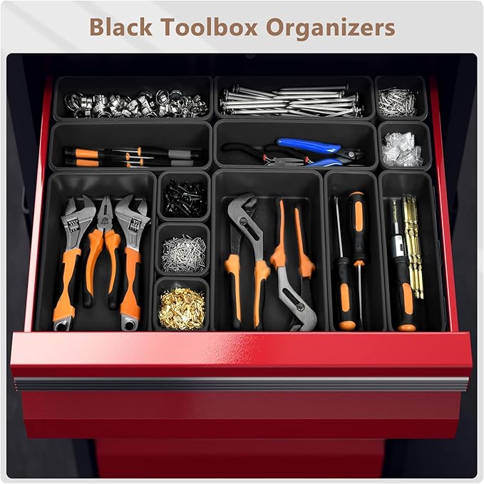 A-LUGEI【𝟰𝟲𝗣𝗖𝗦 & 5 Size】Tool Box Organizer Tray Divider Set, 【Black】 Bathroom Drawer Organizer Bin, Garage Organization and Storage Toolbox Rolling Tool Chest Cart Cabinet WorkBench Small Part