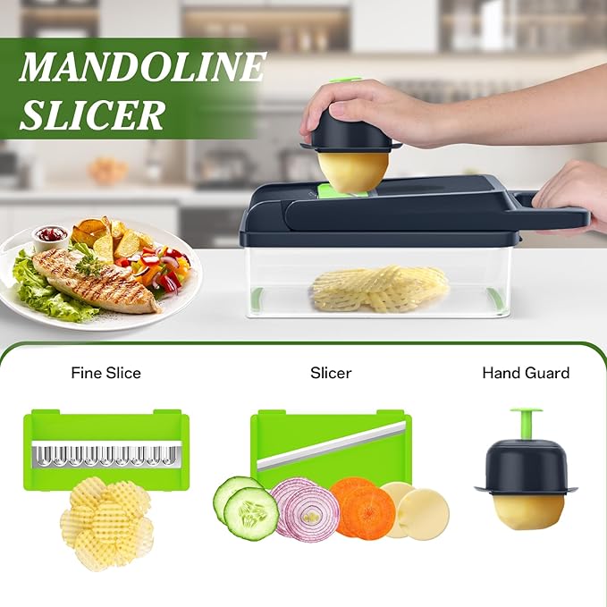 HomeHacks Vegetable Chopper Vegetable Cutter, 12 in 1 Kitchen Gadget, Dicer, Slicer, Onion Cutter, Salad, Cheese Grater & Egg Separator - Multi-Functional Veggie Chopper Lid with Handle (Green)