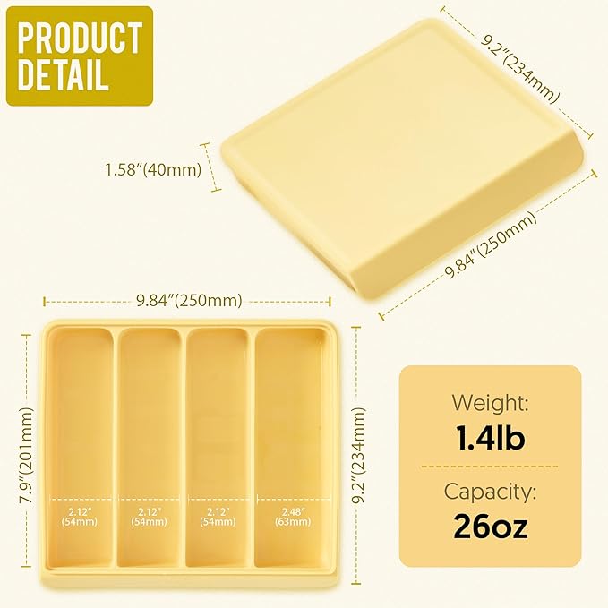 Silicone Baby Food Freezer Tray with Lid Korea - 26oz Stackable Meal Prep Containers for Baby Puree, Homemade Food & Snacks - 4 Compartment Airtight, BPA Free, Microwave Dishwasher Safe - Yellow