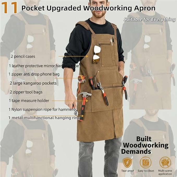 Woodworking Aprons for Men, Waxed Canvas 20oz Tool Apron (11 Pockets) – Adjustable Woodwork & Welding Apron, Shop & Tool Aprons for Carpenter, Blacksmith, Workshop, Garage