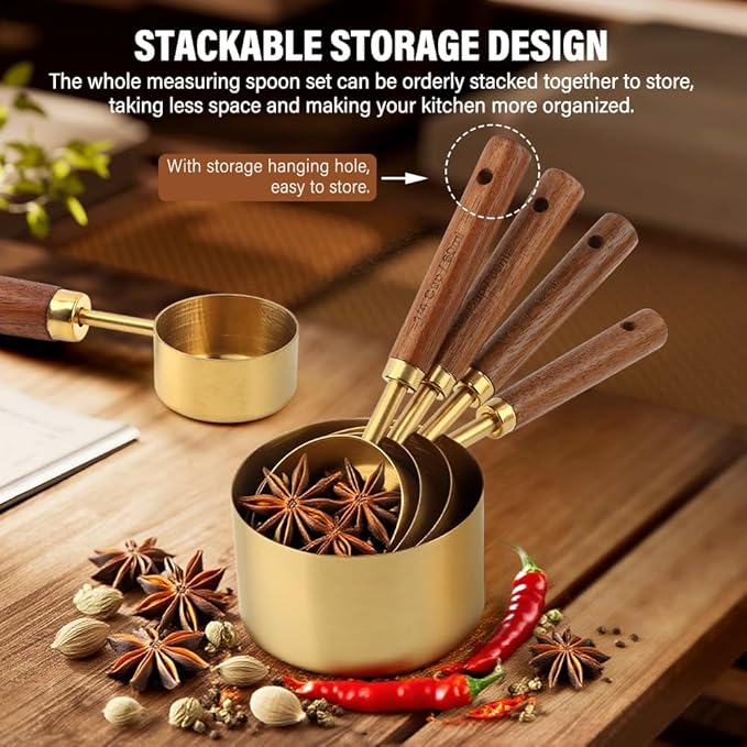 8Pcs Measuring Cups and Spoons Set, Stackable Measuring Cups with Wooden Handle, Stainless Steel Kitchen Measure Supplies Kit for Baking, Cooking(COLOR:gold+brown)