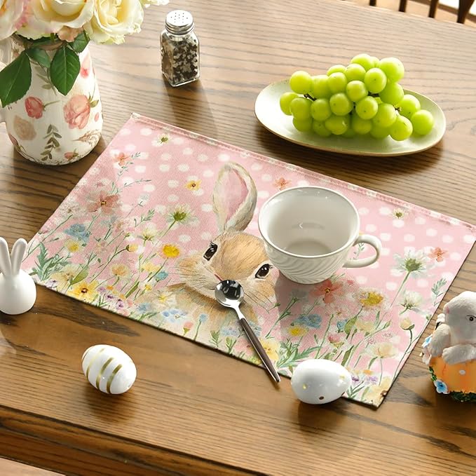 Artoid Mode Pink Bunny Polka Dot Easter Placemats Set of 4, 12x18 Inch Flower Seasonal Spring Holiday Table Mats for Party Kitchen Dining Decoration