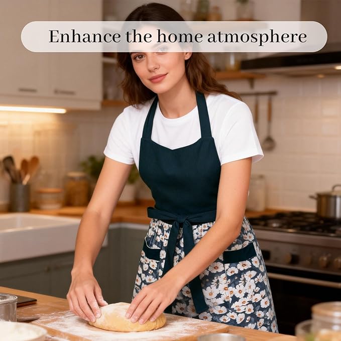 Cute Floral Aprons for Women with Pockets,Cotton Adjustable Neck Strap Apron for Kitchen Cooking Baking Gardening