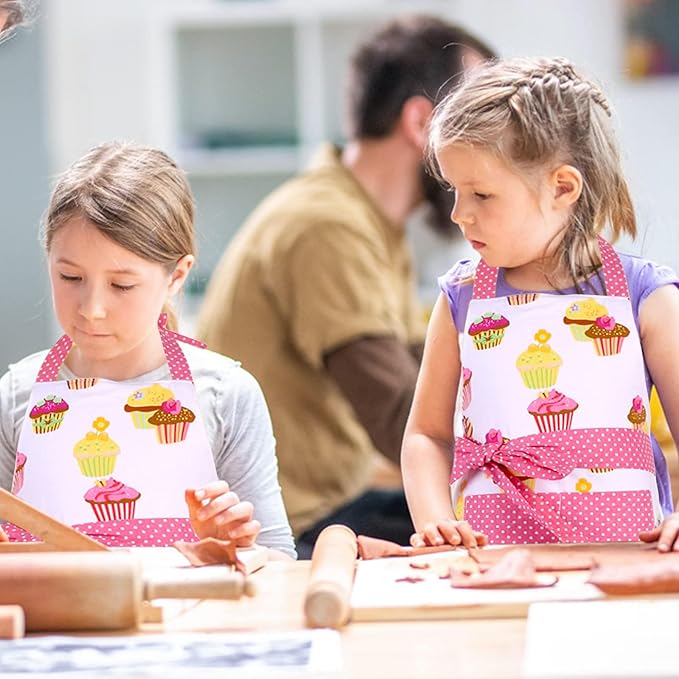 G2PLUS Kid Cotton Aprons, Toddler Apron with Pocket, Pink Cupcake Child Apron for Girls, Cooking, Baking, Kitchen, Art Craft Use