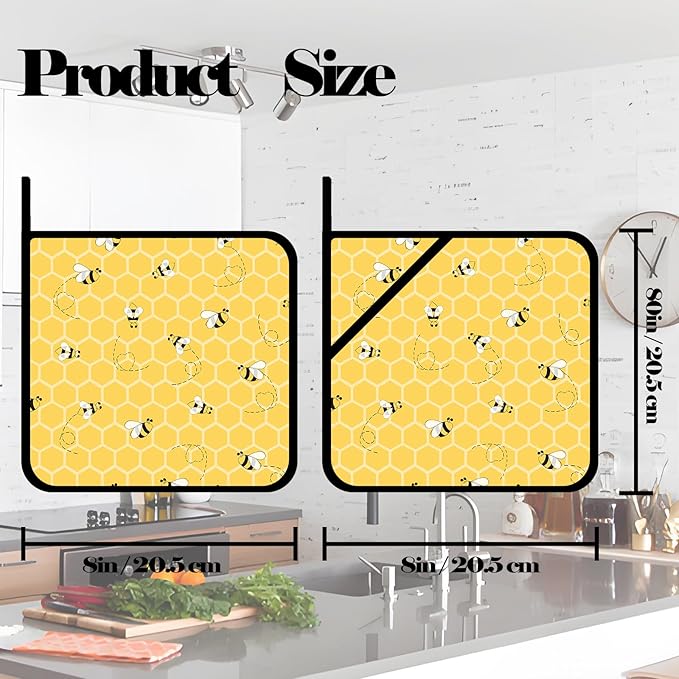 Cute Bee Honeycomb Pot Holders Set of 2,Kitchen Heat Resistant Potholders for Microwave Cooking Baking Oven and BBQ Gifts for Women