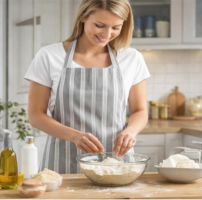 AMOUR INFINI Cotton Striped Aprons for Women with Pockets - Adjustable Strap and Waist Ties Printed Apron for Baking, Cooking, Gardening (27.5 x 33 Inches - Gray)