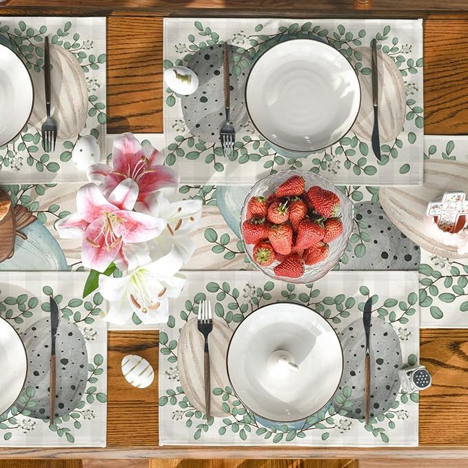 Artoid Mode Eucalyptus Eggs Easter Placemats Set of 4, 12x18 Inch Spring Seasonal Table Mats for Party Kitchen Dining Decoration