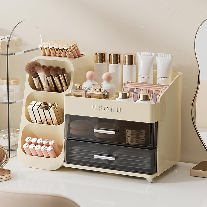 Makeup Organizer for Vanity with Brush Holder, Large Plastic Bathroom Countertop Skincare Organizer with 2 Drawers, Spacious Cosmetic Display Case for Perfumes, Eyeshadow Palettes, Nail Polishes