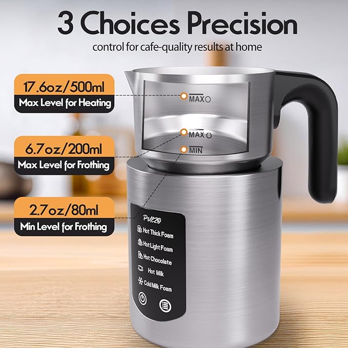 PULZO Electric Milk Frother and Steamer, Detachable Foam Maker, 17 OZ Warm Cold Milk Warmer for Coffee, Latte, Cappuccino, Stainless Steel Jug, Hot Chocolate, Silent Operation, BPA