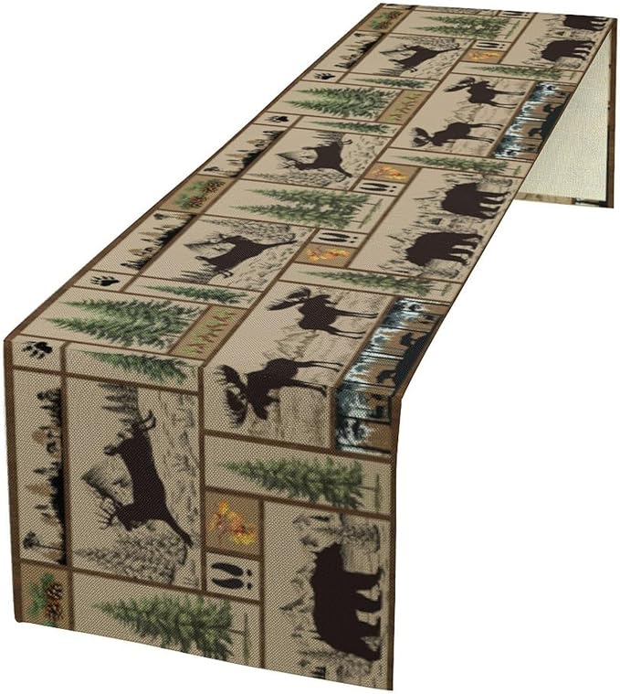 Rustic Cabin Table Runner Forest Bear Deer Wildlife Country Hunting Camping Art Printed Dinner Runner for Home Kitchen Dining Table Decor Fabric 1 Panel W13xL108in