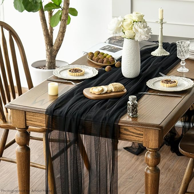 Artoid Mode 6PCS Black Gauze Table Runner 120 Inch 10FT, Seasonal Sheer Kitchen Dining Holiday Wedding Birthday Baby Shower Table Decor for Home Party