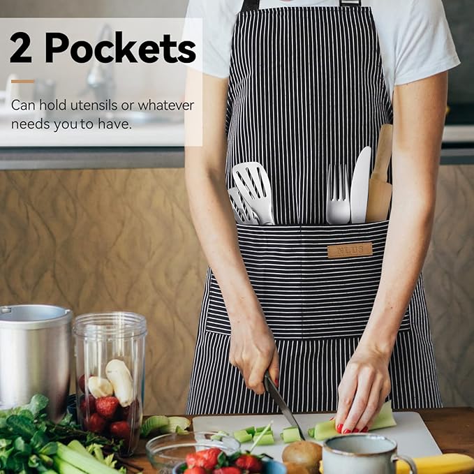 NLUS 2 Pcs Kitchen Cooking Aprons, Poly/Cotton Blend Adjustable Soft Bib Stripe Aprons with 2 Pockets for Women Men Chef (Blue Pinstripes/Black Pinstripes)