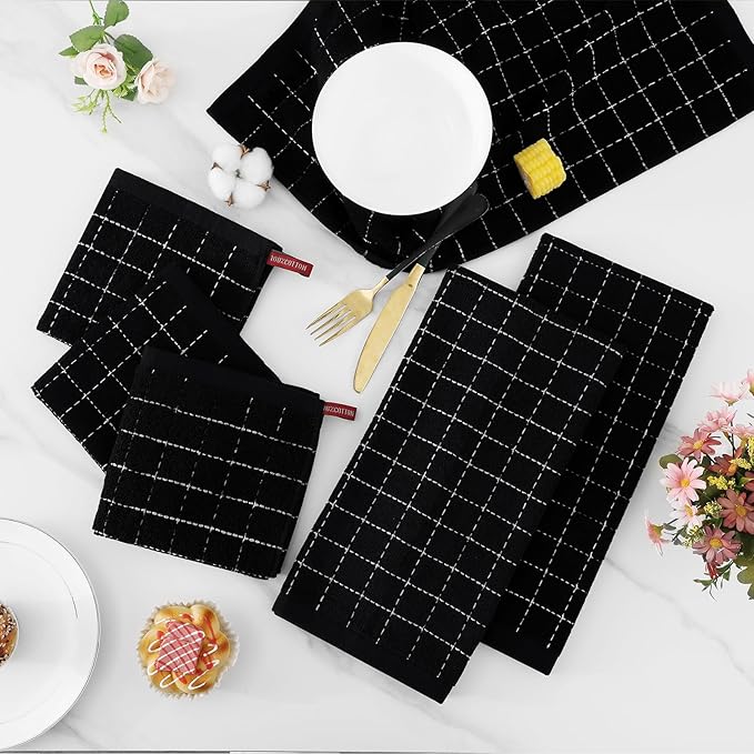 Homaxy Kitchen Towels and Dishcloths Set, 12 x 12 and 13 x 28 Inches, Set of 12 Bulk Cotton Terry Kitchen Towels Set, Checkered Designed, Soft and Super Absorbent Dish Towels, Black