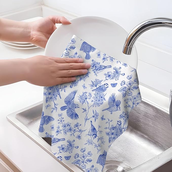Chinoiserie Floral Kitchen Dish Towels 16x24 Inch, White Blue Flowers Bird Absorbent Tea Hand Towels for Kitchen Cooking Baking Farmhouse Holiday Decoration Set of 4, Chinoiserie Decor