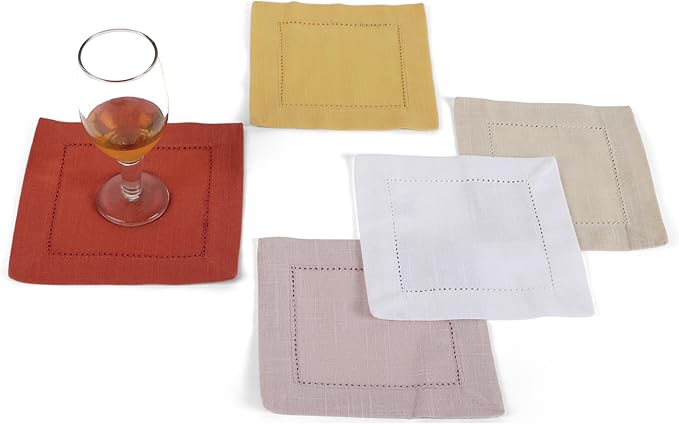 FINGERCRAFT Cocktail Napkins 6 x 6 Inch Premium Quality Cotton, Generous Hemstitch and Mitered Corner Set of 12 Coaster Cloth Aqua Blue