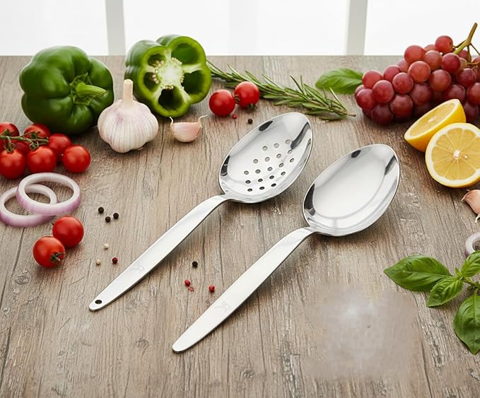 Kunz Perforated and Regular Set | Pack of 2 | 9 Inch 18/10 Stainless Steel Cooking Serving Spoon | Daily Chef, Basting, Quenelle, Saucing, Plating Spoon | Dishwasher safe