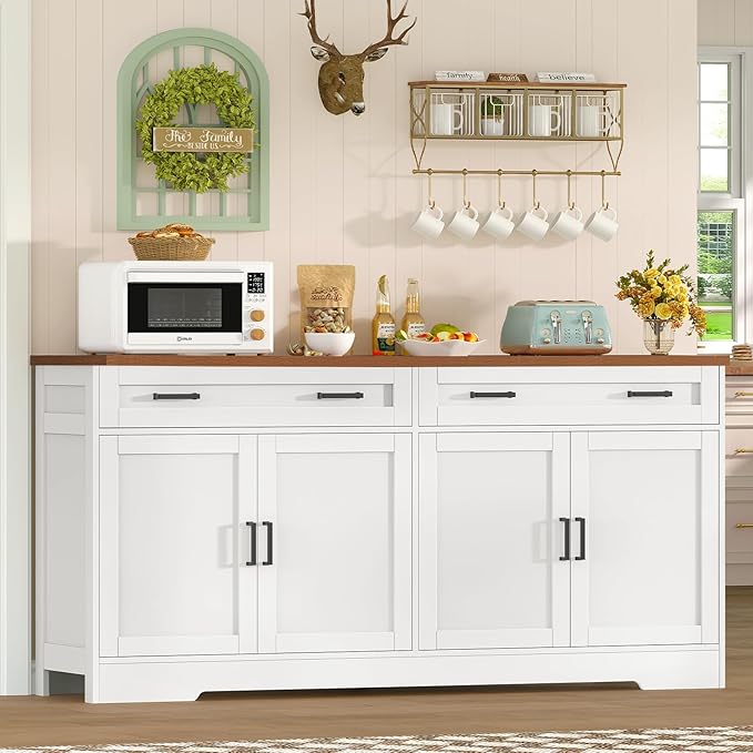 usikey 63" Buffet Cabinet with Storage, Large Sideboard Buffet Cabinet with 2 Adjustable Shelves and 4 Doors, Modern Farmhouse Coffee Bar for Kitchen, Living Room, White