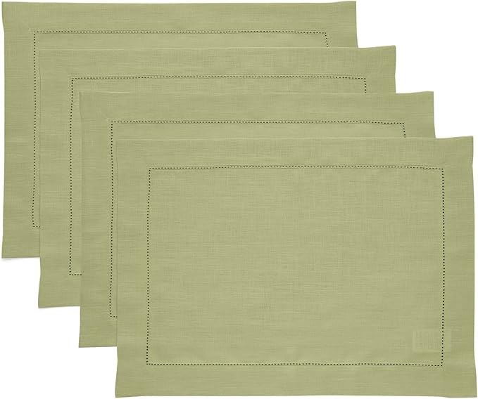 Solino Home Linen Placemats Set of 4 - Classic Hemstitch Moss Green Placemats 14 x 19 Inch - 100% Pure Linen Table Mats for Spring, Summer, Mothers Day