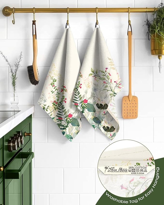 Miss Adola Flour Sack Kitchen Towels Set of 2-18x26 Cotton Dish Towels with Hanging Loop Reusable Tea Towel for Cleaning Spring Absorbent Dishcloths Cute Home Decor Housewarming, Ink Flowers