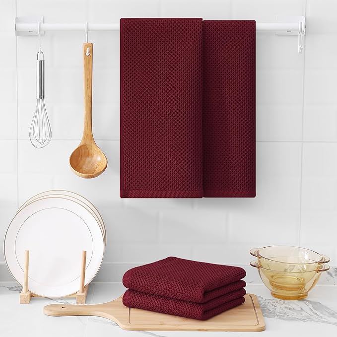Kitinjoy 100% Cotton Waffle Weave Kitchen Hand Towels (13 X 28 Inches, Burgundy), 4-Pack Super Soft and Absorbent Dish Towel for Drying Dishes