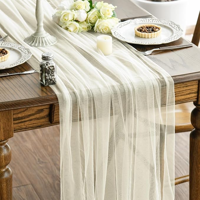 Artoid Mode 3PCS Beige Gauze Table Runner 120 Inch 10FT, Seasonal Sheer Kitchen Dining Holiday Wedding Birthday Baby Shower Table Decor for Home Party