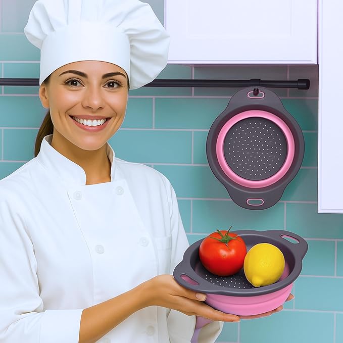 Pink Round Silicone Collapsible Colander – Small Silicone Round Kitchen Strainers with Plastic Handles Foldable Kitchen Strainer Perfect for Draining Pasta Vegetable and Fruit