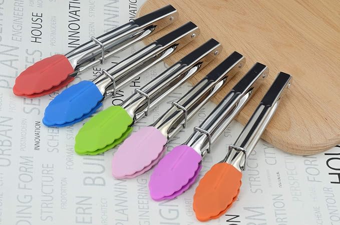HINMAY Small Tongs with Silicone Tips 7-Inch Mini Serving Tongs, Set of 6 (Green Red Blue Purple Pink Orange)
