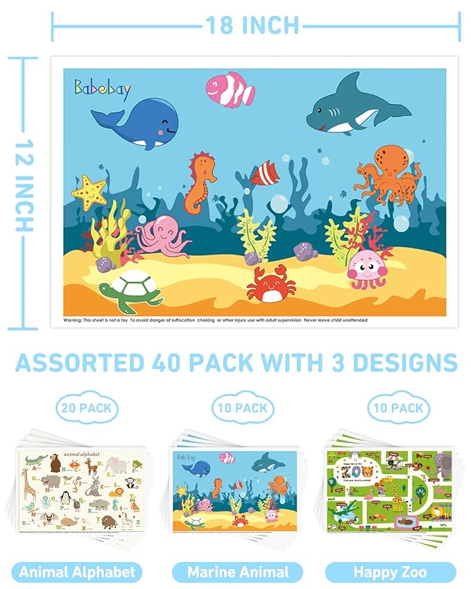 Babebay Disposable Placemats for Baby, 40 Pack Sticky Toddler Placemat for Restaurants, Dining Table, Party, Travel, 12" x 18" with 3 Designs