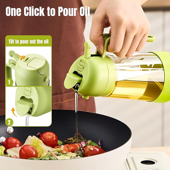 PARACITY Oil Dipenser Bottle with Silicone Bottom, 2 in 1 Olive Oil Sprayer and Dispenser, Oil Spray Bottle 500ML/ 17OZ for Cooking, Kitchen, BBQ, Air Fryer, Salad, Baking(1PC Green)