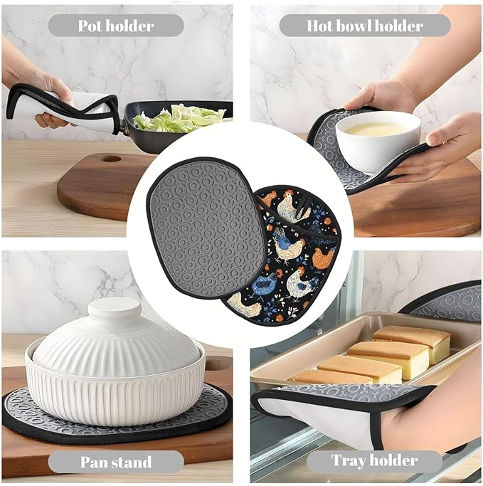 Chicken Silicone Pot Holders Set of 2, Heat Resistant up to 500°F, Non-Slip Kitchen Hot Pads with Pocket and Soft Quilted Cotton Lining for Baking, Cooking and Hot Pots