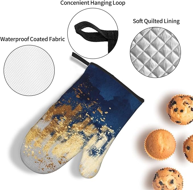 Blue and Gold Watercolor Abstract Oven Mitts and Pot Holder Sets of 3, Non-Slip Heat Resistant Decor Navy Kitchen Gloves with Hanging Loop for Cooking Baking Grilling, Kitchen Gifts for Cooking Lover