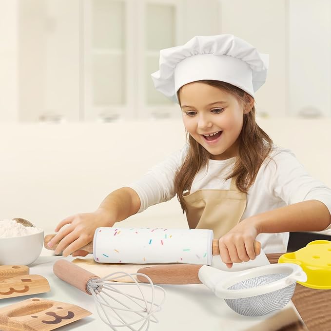 18 PCS Kids Cooking Sets Real, Montessori Kitchen Tools for Toddlers, Cooking & Baking Set for Kids Little Chefs, Toddler Knife Set, Crinkle Cutter, Cutting Board