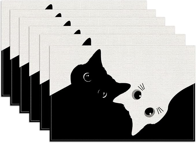 Cute Black White Cat Placemats Set of 6,12x18 Inch Animals Linen Place Mat Washable Stain Resistant Table Mats for Spring Summer Seasonal Farmhouse Kitchen Party Home Decor