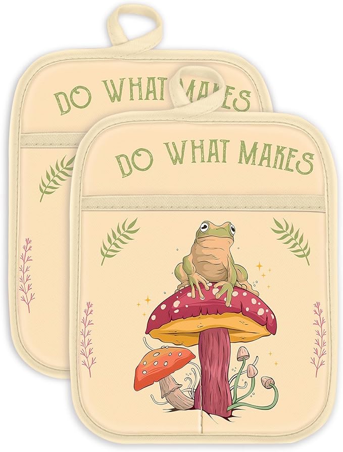 Swooflia 100% Cotton Pot Holders 2 Pack Set for Kitchen with Pockets - Cute 440°F Heat Resistant Oven Hot Pads Heavy Duty for Countertop Home Cooking Baking Microwave BBQ Farmhouse Frog