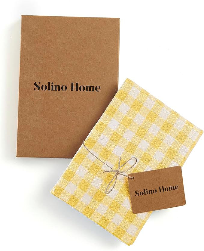 Solino Home Linen Kitchen Towels Set of 2 - Marigold Yellow 17 x 26 Inch - 100% Pure Linen Gingham Check Kitchen/Tea Towels - Machine Washable and Handcrafted from European Flax