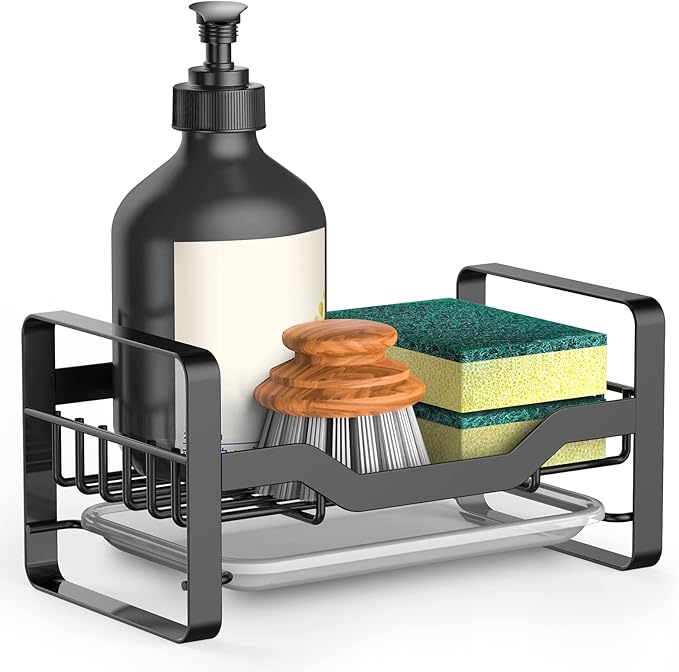 Kontoyo Sink Caddy Sponge Holder,Sponge Holder for Kitchen Sink,Kitchen Sink Organizer for Soap Brush Dispenser,Countertop Sink Caddy Organizer with Removable Drain Tray