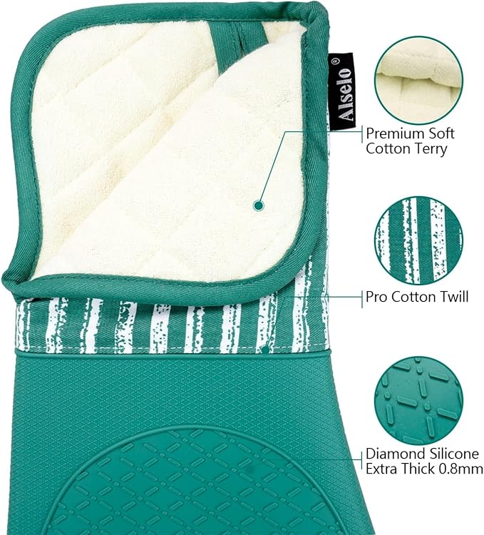 Alselo Silicone Oven Mitts Heat Resistant 932℉ with Waterproof & Non-Slip Kitchen Mittens, Set of 2 Extra Long Oven Gloves with Soft Cotton Terry Lining for Baking Cooking Barbecue (Emerald Green, 2)