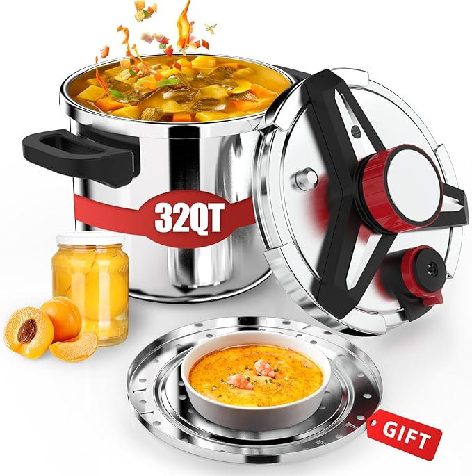 3-In-1 Stainless Steel Pressure Cooker 32 QT: [Save 70% Time] [3 PSI Settings], One-Hand Locking Large Pressure Canner, Induction Compatible, Steamer Rack Included, Olla de Presion 32 Quart