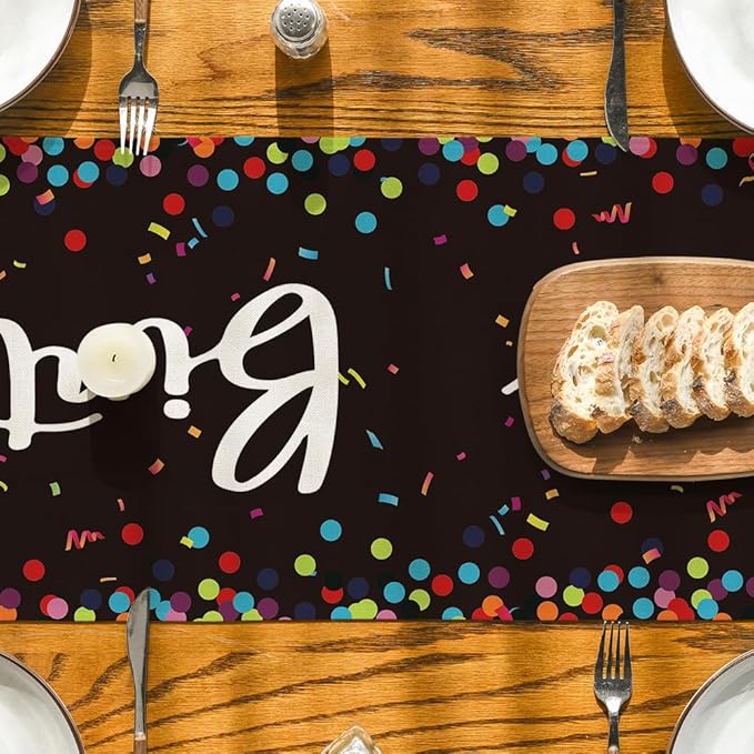 Artoid Mode Polka Dot Black Happy Birthday Table Runner, Seasonal Halloween Kitchen Dining Table Decoration for Home Party Decor 13x90 Inch