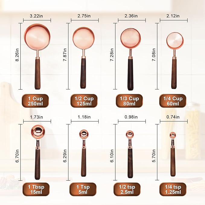 Premium Measuring Cups and Spoons Set with Wood Handle, 8-Pieces Stainless Steel Nesting Kitchen Measuring Set for Baking, Cooking, Coffee with Ergonomic Grip & Engraved Markings (Rose Gold8)