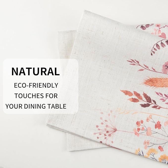 QiyI Boho Placemats Set of 4, 12x18 Inch Linen Fabric Floral Place Mats for Kitchen Dinning, Farmhouse Rustic Cloth Table Mats, Washable Placemat Party Table Décor, Autumn Wildflowers